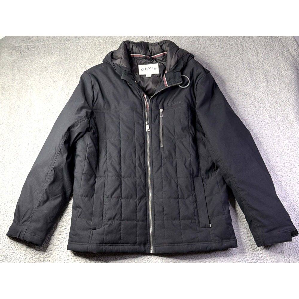 Orvis Jacket Mens Size XL Black Classic Collection Quilted Full Zip Hooded Orvis